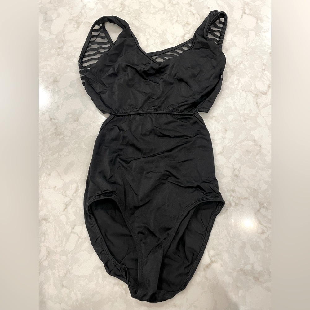 Black Leotard With Open Back And Mesh Striped Pat… - image 1